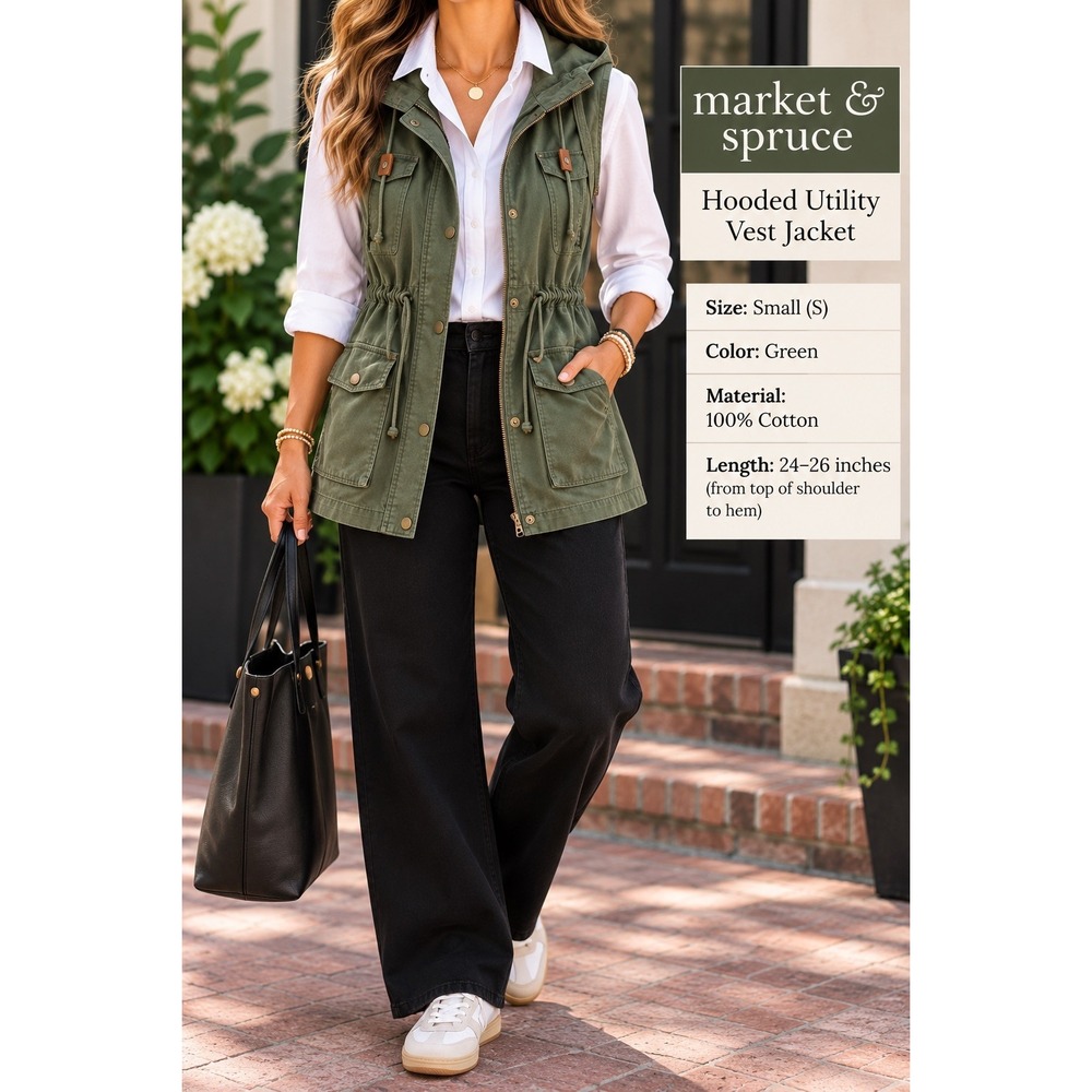 Market & Spruce Green Hooded Utility Vest Jacket SF7539T Small